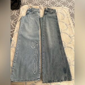 PacSun Light Blue Wide-Leg Flare Baggy Jeans with Stitch Bow Detail